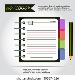 Illustration of copybook for learning and writing, paper document with pencil web icon, vector.