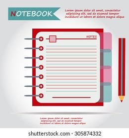 Illustration of copybook for learning and writing, paper document with pencil web icon, vector.