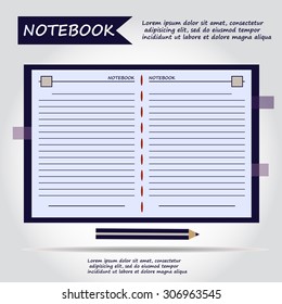 Illustration of copybook for learning and writing, paper document with pencil web icon, vector.