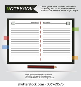 Illustration of copybook for learning and writing, paper document with pencil web icon, vector.