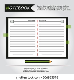 Illustration of copybook for learning and writing, paper document with pencil web icon, vector.
