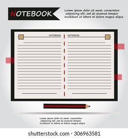 Illustration of copybook for learning and writing, paper document with pencil web icon, vector.