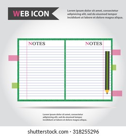 Illustration of copybook for learning and writing, paper document with pencil web icon, vector.