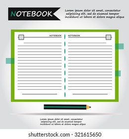 Illustration of copybook for learning and writing, paper document with pencil web icon, vector.