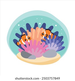 Illustration of coral reef, clown fish. Color pictures for children books. Isolated object