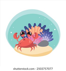 Illustration of coral reef, crab. Color pictures for children books. Isolated object. cartoon character