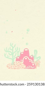 Illustration of coral reef with pink and teal corals. Coral reef design features bubbles and abstract shapes. Underwater coral reef art in pastel colors. Vector illustration.