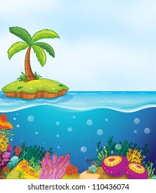 illustration of coral in water and palm tree on island