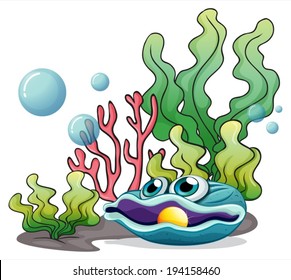 Illustration of the corals, seaweeds and a clamb under the sea on a white background