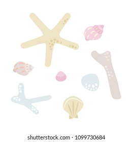 Illustration of corals and shells of many shapes and colors.