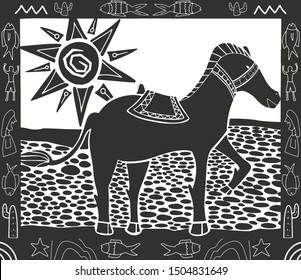 illustration of cordel style of a horse sunbathing