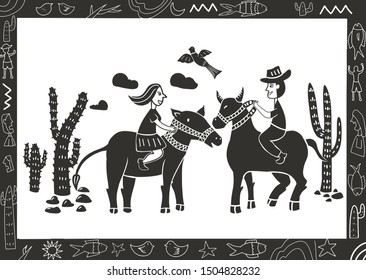 illustration of cordel style of lovers riding a horse