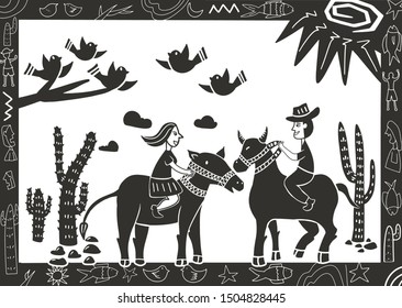 illustration of cordel style of lovers riding a horse