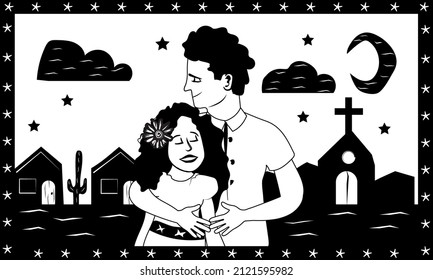 illustration of cordel style meeting a pair of lovers in the middle of the desert