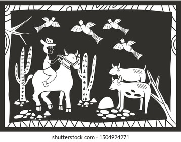 illustration of cordel style rider who is herding cattle