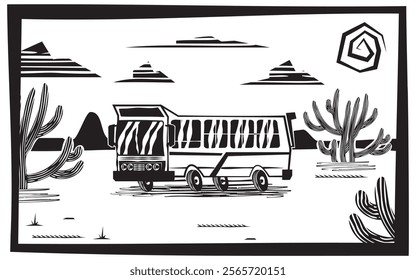 Illustration in cordel style showing a bus traveling along a road in the backlands of the Northeast. Woodcut art with rustic features, portraying the arid and cultural landscape of rural Brazil