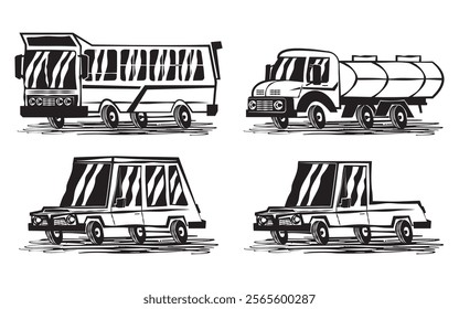 Illustration in cordel style with vehicles such as buses, tanker trucks, cars and pickup trucks. Woodcut art with rustic textures, representing typical scenes of rural Brazil