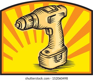 Illustration of a cordless drill powertool set inside rectangle with sunburst done in retro style.