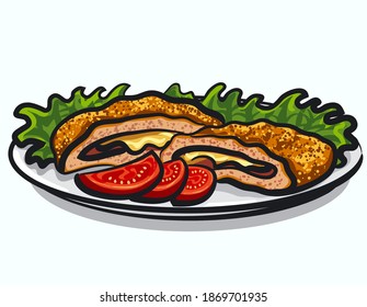 ilustración del plato de cordon bleu, filete de pechuga de pollo con queso y lechuga