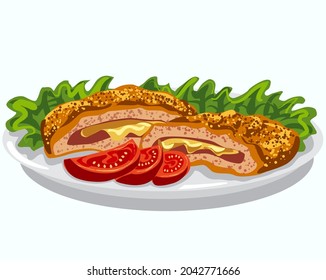 ilustración del plato de cordon bleu, filete de pechuga de pollo con queso, tomates y lechuga