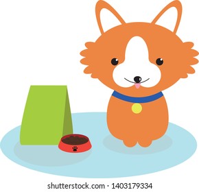 Illustration corgi with dog food and dog food bowl