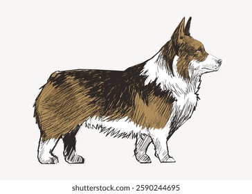 Illustration of a corgi dog in profile. Corgi sketch with brown and white fur. Detailed corgi drawing, highlighting its short legs and fluffy tail. Vintage animal illustration vector.