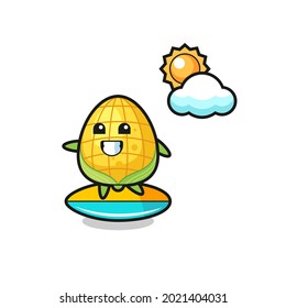 Illustration of corn cartoon do surfing on the beach , cute style design for t shirt, sticker, logo element