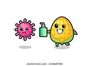 illustration of corn character chasing evil virus with hand sanitizer , cute style design for t shirt, sticker, logo element