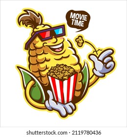 illustration of corn character eating popcorn with 3d glasses