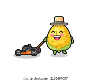 illustration of the corn character using lawn mower , cute style design for t shirt, sticker, logo element