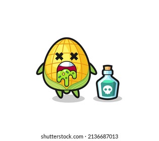 ilustración de un personaje de maíz vómito debido a envenenamiento , diseño de estilo lindo para camiseta, pegatina, elemento logo