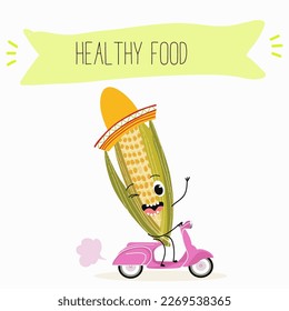 Illustration with corn, cob, mascot, maize,   corncob, sweet potato, yam funny characters    Funny and healthy food. Vitamins, cute face food, ingredients, vegetarianism, vector cartoon, antioxidant.