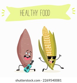 Illustration mit Mais, Cob, Maskottchen, Mais,   Corncob, Süßkartoffel, yam komische Figuren    Frohes und gesundes Essen. Vitamine, süße Gesichtsessen, Zutaten, Vegetarismus, Vektorgrafik, Antioxidans.
