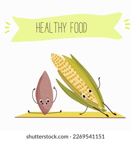 Illustration with corn, cob, mascot, maize,   corncob, sweet potato, yam funny characters    Funny and healthy food. Vitamins, cute face food, ingredients, vegetarianism, vector cartoon, antioxidant.