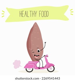 Illustration with corn, cob, mascot, maize,   corncob, sweet potato, yam funny characters    Funny and healthy food. Vitamins, cute face food, ingredients, vegetarianism, vector cartoon, antioxidant.