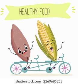 Illustration with corn, cob, mascot, maize,   corncob, sweet potato, yam funny characters    Funny and healthy food. Vitamins, cute face food, ingredients, vegetarianism, vector cartoon, antioxidant.