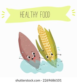 Illustration with corn, cob, mascot, maize,   corncob, sweet potato, yam funny characters    Funny and healthy food. Vitamins, cute face food, ingredients, vegetarianism, vector cartoon, antioxidant.