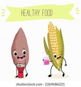 Illustration with corn, cob, mascot, maize,   corncob, sweet potato, yam funny characters    Funny and healthy food. Vitamins, cute face food, ingredients, vegetarianism, vector cartoon, antioxidant.