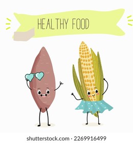 Illustration mit Mais, Cob, Maskottchen, Mais,   Corncob, Süßkartoffel, yam komische Figuren    Frohes und gesundes Essen. Vitamine, süße Gesichtsessen, Zutaten, Vegetarismus, Vektorgrafik, Antioxidans.