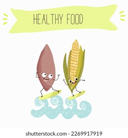 Illustration with corn, cob, mascot, maize,   corncob, sweet potato, yam funny characters    Funny and healthy food. Vitamins, cute face food, ingredients, vegetarianism, vector cartoon, antioxidant.