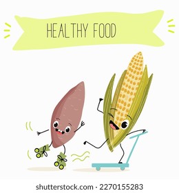 Illustration with corn, cob, mascot, maize,   corncob, sweet potato, yam funny characters    Funny and healthy food. Vitamins, cute face food, ingredients, vegetarianism, vector cartoon, antioxidant.