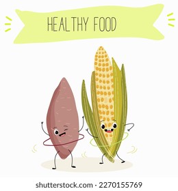 Illustration with corn, cob, mascot, maize,   corncob, sweet potato, yam funny characters    Funny and healthy food. Vitamins, cute face food, ingredients, vegetarianism, vector cartoon, antioxidant.