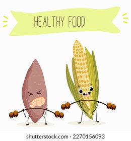 Illustration mit Mais, Cob, Maskottchen, Mais,   Corncob, Süßkartoffel, yam komische Figuren    Frohes und gesundes Essen. Vitamine, süße Gesichtsessen, Zutaten, Vegetarismus, Vektorgrafik, Antioxidans.
