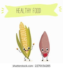 Illustration with corn, cob, mascot, maize,   corncob, sweet potato, yam funny characters    Funny and healthy food. Vitamins, cute face food, ingredients, vegetarianism, vector cartoon, antioxidant.