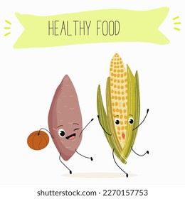 Illustration with corn, cob, mascot, maize,   corncob, sweet potato, yam funny characters    Funny and healthy food. Vitamins, cute face food, ingredients, vegetarianism, vector cartoon, antioxidant.