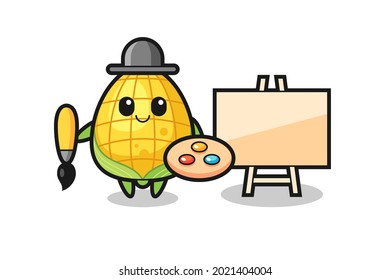 Illustration of corn mascot as a painter , cute style design for t shirt, sticker, logo element