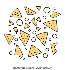 Illustration of corn nachos with sauce bubbles on a white background in flat style