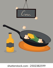  Illustration with Corn Oil and Pop Corn at Frying Pan, Banner