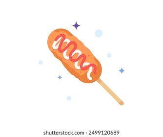 illustration of a corndog. food made from skewered sausage coated in a thick layer of coarse cornmeal and fried. food. flat style design. graphic elements