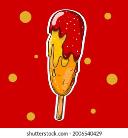 illustration, Corndog Ketchup and mustard, korean food.on red background